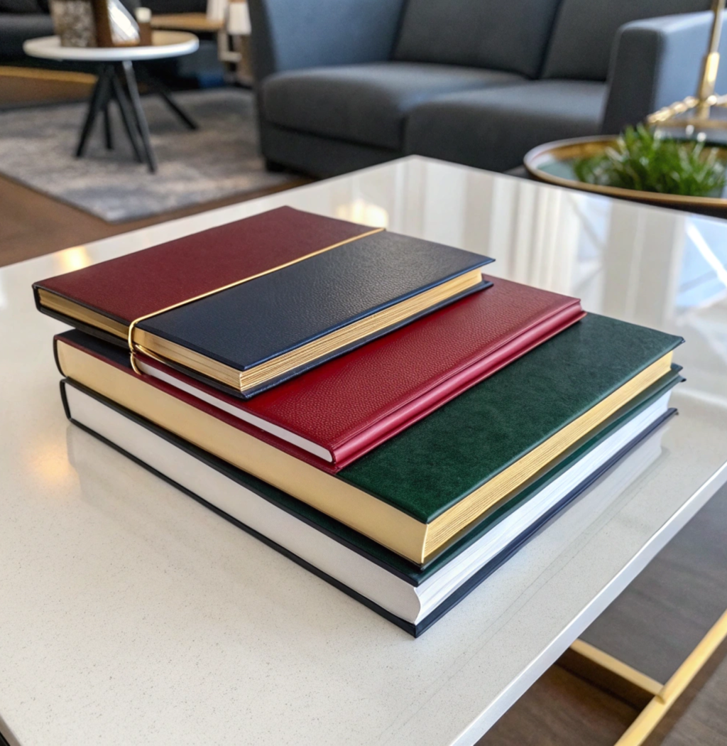 realistic-image-of-thin-hardcover-books-without-te Realistic image of thin hardcover books without te